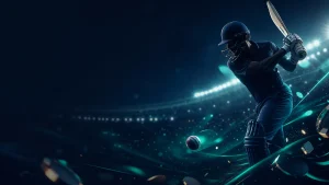 Cricket batter under floodlights in a modern stadium